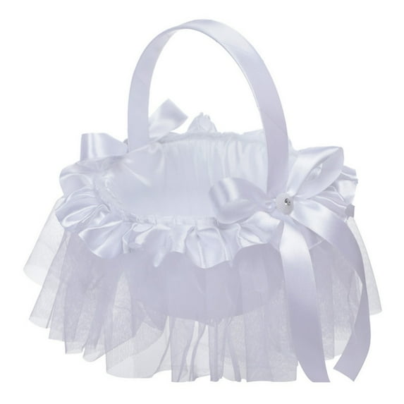 2pcs Beach wedding Flower Girl Basket White Flower Basket with Double Heart Rhinestone Decor