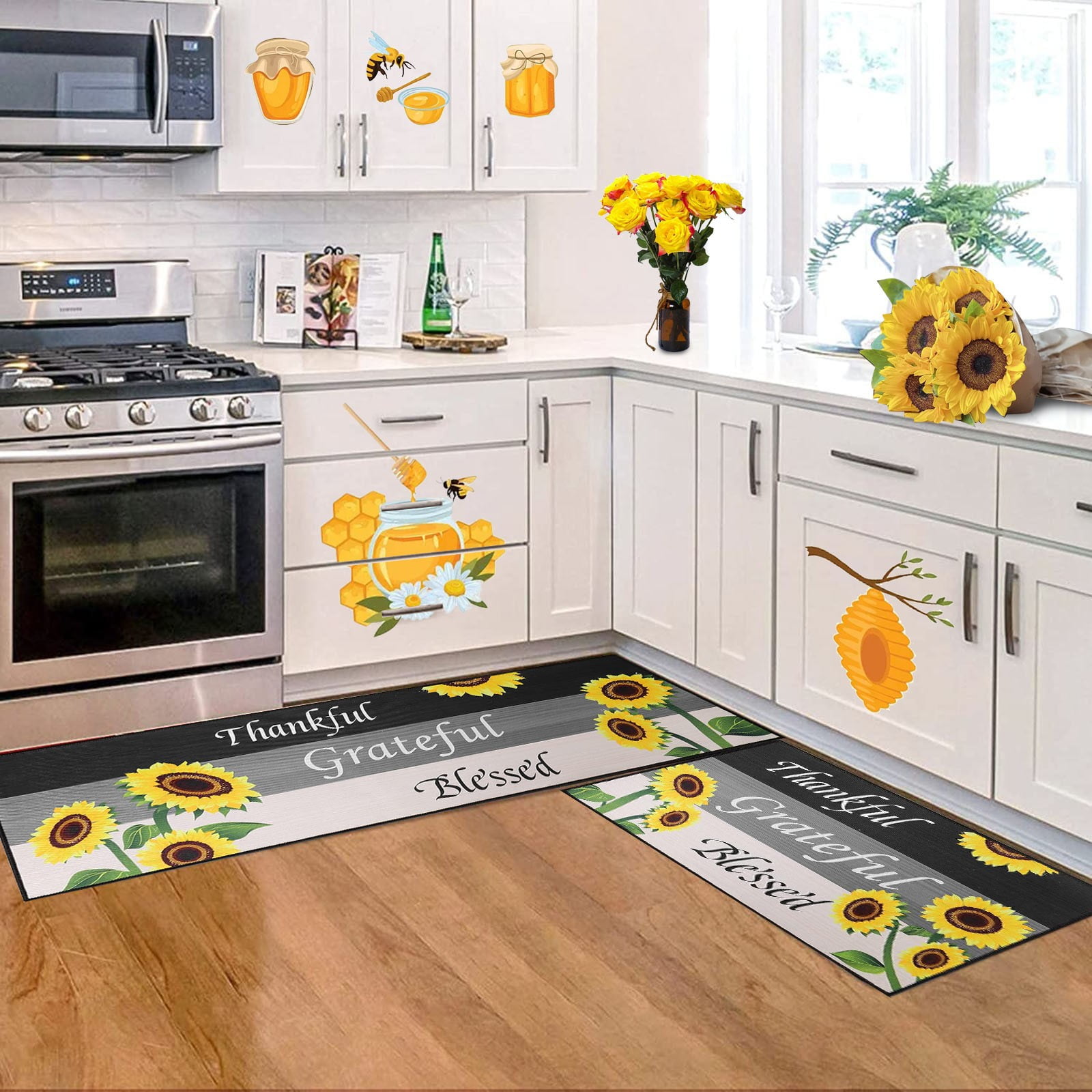 2pcs Beee Festival Doormat Kitchen Rugs Sunflower Grateful Hooney Beee
