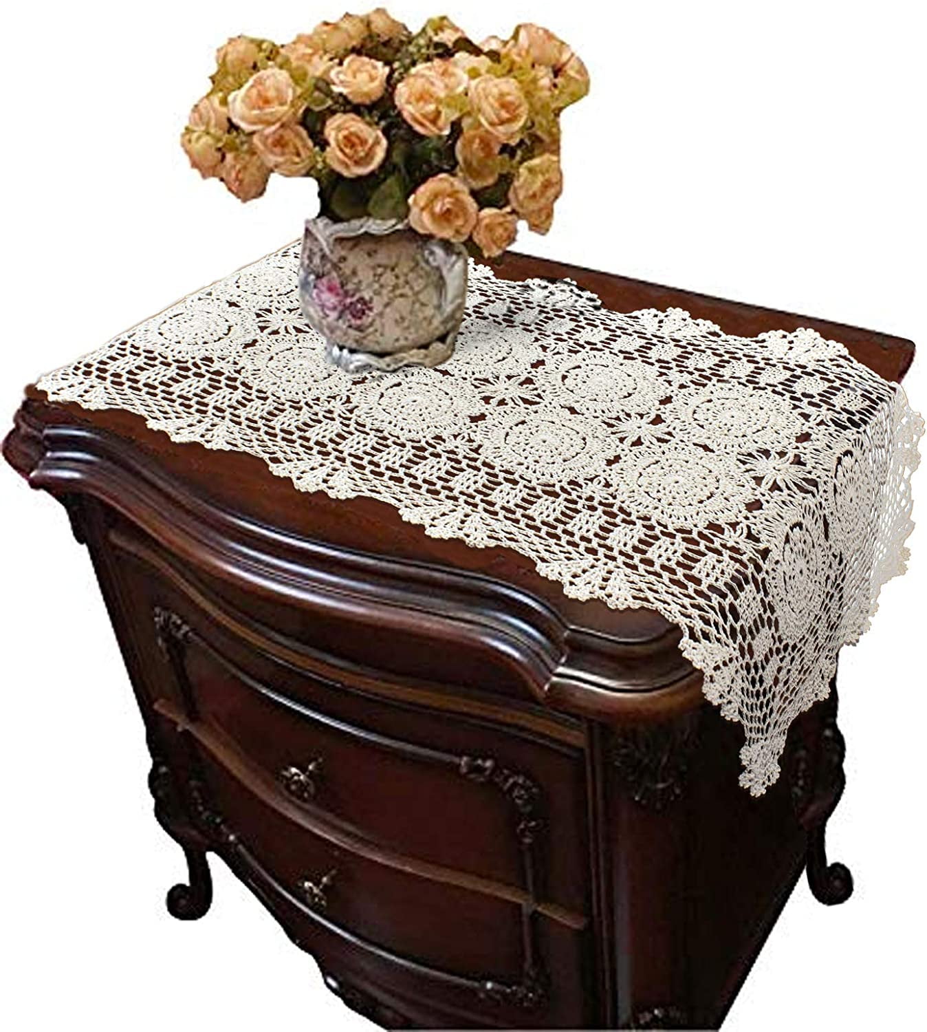 2pcs Beige Crochet Table Runners 100 Cotton Lace Nightstand