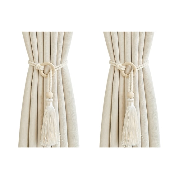2pcs Beige Curtain Tiebacks Hand Woven With Tasseled Pendant Hanging Bind Rope