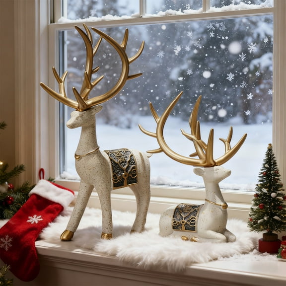 2pcs Beige Minimalist Resin Deer Ornaments - Luxurious Home Decor for Living Room, TV & Wine Cabinets, High-End Art Decor, Perfect Christmas Decoration & Elegant Accent