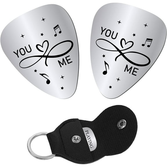2pcs Best Love Guitar Pick Gifts You and Me Stainless Steel Guitar Pick Love Gift Ideas for Musician Men Daddy Papa Boyfriend Husband Couples with PU Leather Keychain 1.26 x 1 Inch Black