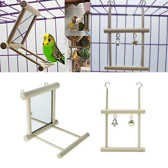 2pcs Bird Cage Accessory Wooden Toy Birds Mirror for Parrot/Cockatiel