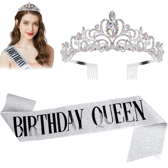 2pcs Birthday Queen Crown for Women, Princess Crowns for Women, Silver Birthday Crown Headband Birthday Sash, Birthday Prom Party Decorations