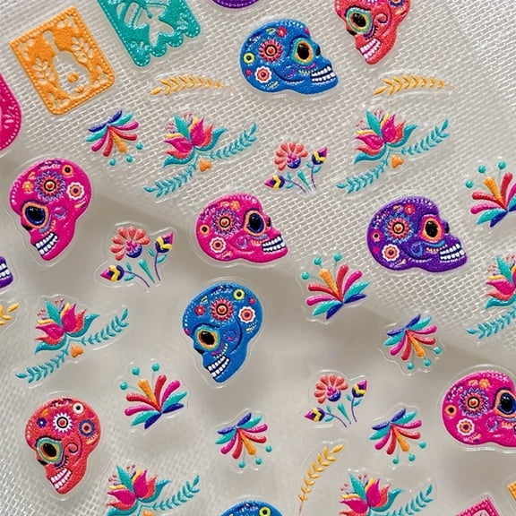 2pcs Bizarre Skull Halloween Themed Nail Art Stickers - Unique Designs with Aliens, Skulls, Badges, Bones, Flowers, and Vines for DIY Nail Art