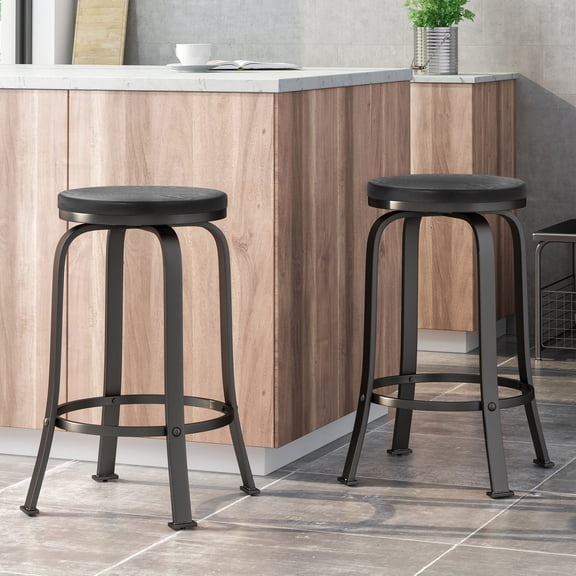 2pcs Black Counter Stools with Swivel Function, Faux Wood Seat / Perfect for Kitchen Counters