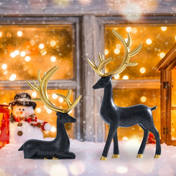 2pcs Black Reindeer Sculpture Decorations,Elk Resin Statue,Seated Standing Elegant Lucky Deer,Christmas Reindeer Decorations Indoor for Living Room,Wine Cabinet,Display Stand,Office Desktop