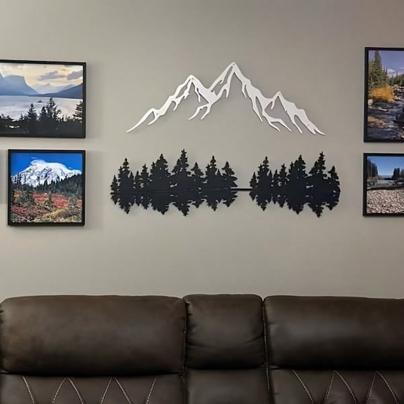 2pcs Black and White Two-Piece Suit Unique Modern Metal Wall Art - Mountain Forest Silhouette Decor Art of Murals for Indoor Use Suitable for Christmas Modern Home Decor