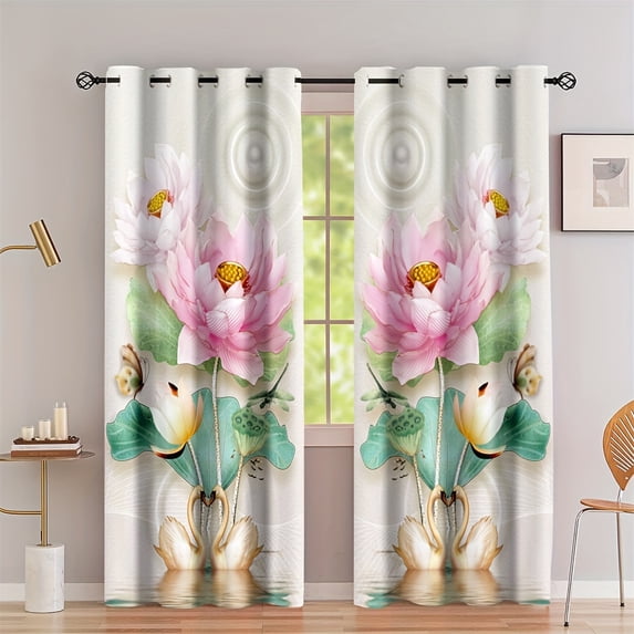 2pcs Blue Bottom White Vase Printed Translucent Curtains Living Room Game Room Bedroom Multi-scene Rod Pocket rative Curtain