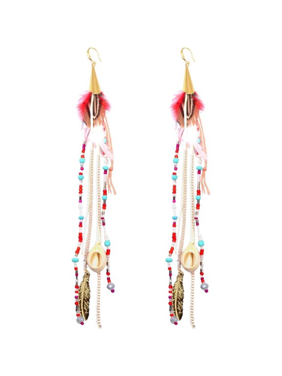 2pcs Bohemian Feather Dangle Earrings with Shell Beads Multicolored Long Fringe Tassel Natural Feathers Drop Earring Hooks for Wedding Engagement Party Gifts