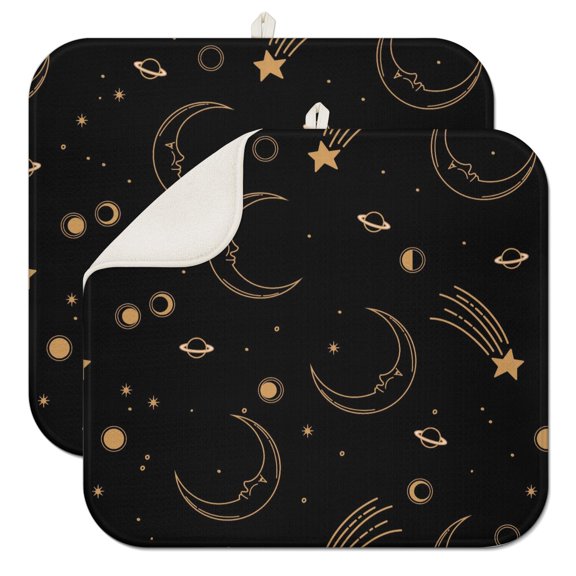 2pcs Bohemian Starry Night Dish Mat Gothic Celestial Print Super Absorbent Heat Resistant Counter Protector 16x18 Inch