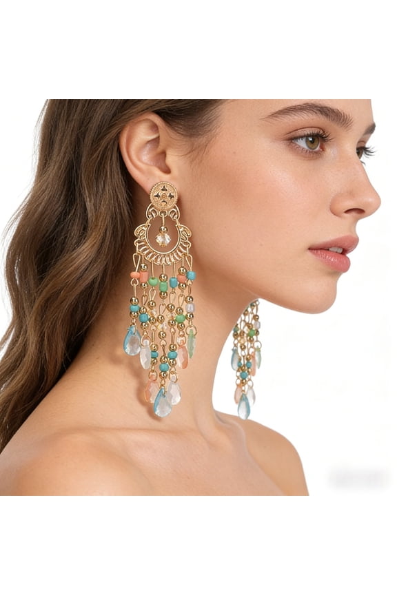 2pcs Bohemian Tassel Bead Earrings, Vintage Ethnic Style Exaggerated Long Earrings, Personalized Boho Dangle Earrings with Tassel and Bead Details, for Daily Wear, Parties, Easter Decor, Colorful