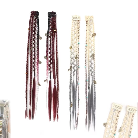 2pcs Boho Beaded Clip-In Braids, Boho Dreadlock Clip-In Hair Extensions, 20" Braided Hair With Beads & Charms, Adjustable Snapback For Festival & Daily (A)