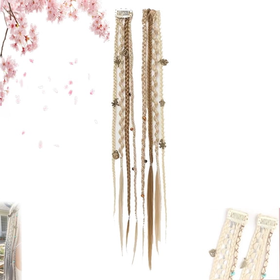 2pcs Boho Beaded Clip-In Braids, Boho Dreadlock Clip-In Hair Extensions, 20" Braided Hair With Beads & Charms, Adjustable Snapback For Festival & Daily