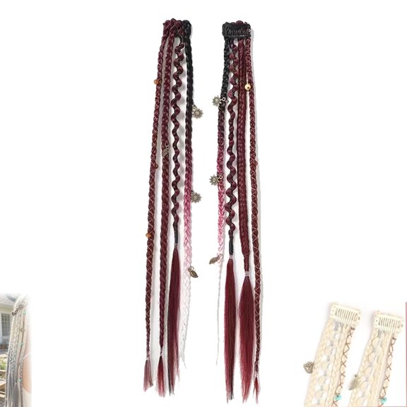 2pcs Boho Beaded Clip-In Braids, Boho Dreadlock Clip-In Hair Extensions, 20" Braided Hair With Beads & Charms, Adjustable Snapback For Festival & Daily