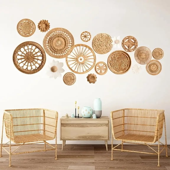 2pcs Boho Chic Self-Adhesive Wall Stickers - Woven Basket & Geometric Patterns, Removable PVC Decals for Bedroom, Living Room, Entryway - Easy to Apply, Rustic Home Decor, Room Accessories