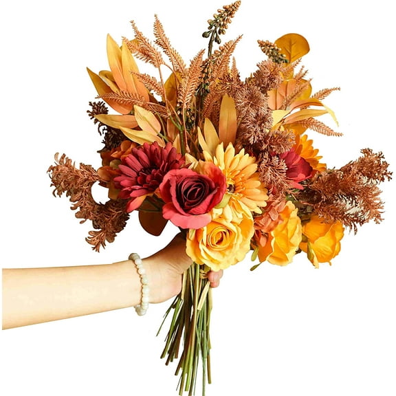 2pcs Boho Style Artificial Flower Bouquets,17 Inch Bohemian Style Fall Flower Wedding Bouquets for Bridal Bridesmaid,Rustic Home Décor Centerpiece(Orange Color Scheme)