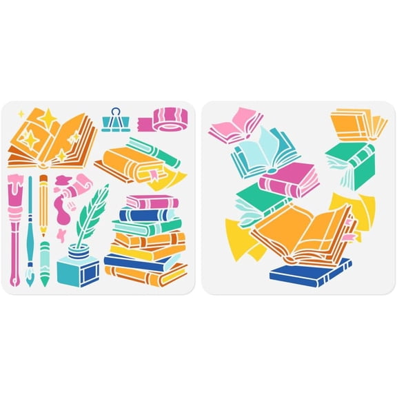 2pcs Book and Stationery Wall Stencil for Painting 11.8x11.8 Open Book Reusable Stencil for Wood Burning Book Pen Paint Template DIY Craft Art Stencil on Wood Fabric Canvas Journal