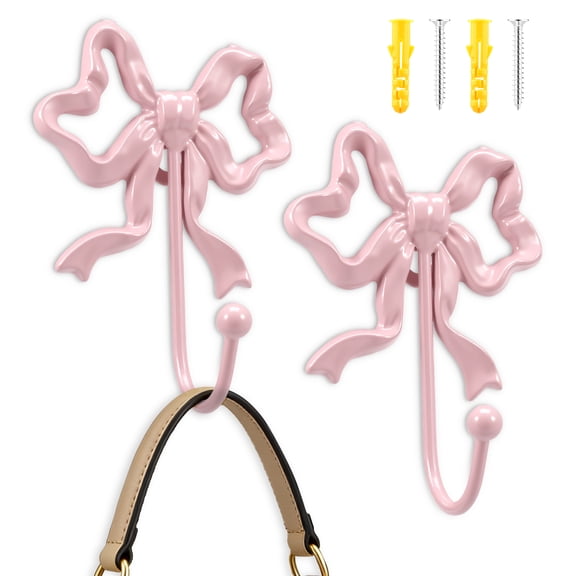 2pcs Bow Wall Hook Easy Install Iron Pink Durable Functional Hook Decorative Towel Hanger with Screw for Bathroom Bedroom Closet Pink 8.25/4.32/4.32 inch