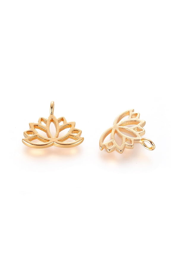 2pcs Brass Charms Lotus Flower Nickel Free Real 18K golden Plated 10.5x12.5x1mm Hole: 1.8mm