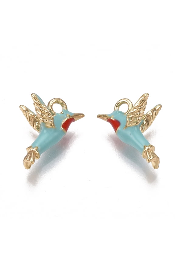 2pcs Brass Enamel Charms Nickel Free Real 18K golden Plated Bird Sky Blue 9.5x14x7.5mm Hole: 1.6mm