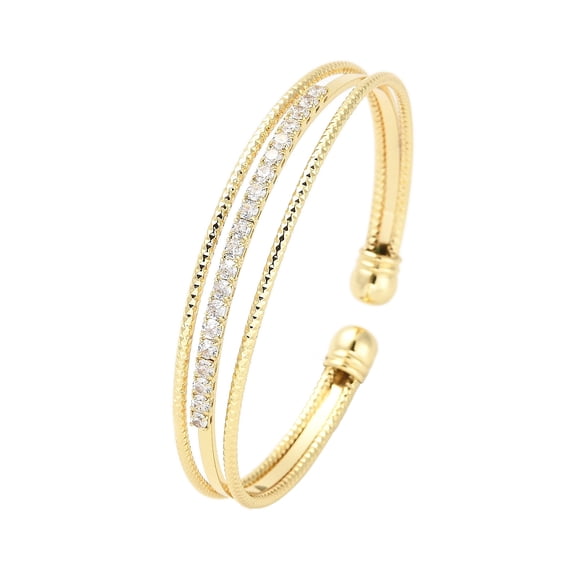 2pcs Brass Micro Pave Clear Cubic Zirconia 3-Line Open Cuff Bangles for Women Real 18K golden Plated 1/4~3/8 inch(0.7~0.95cm) Inner Diameter: 2-1/4x2 inch(5.7x5cm)