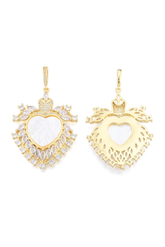 2pcs Brass Micro Pave Clear Cubic Zirconia Big Pendants with Shell Nickel Free golden Tortoise with Heart & Saint Creamy White 52x40x6mm Hole: 4x8mm