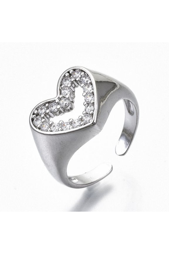 2pcs Brass Micro Pave Clear Cubic Zirconia Cuff Rings Open Rings Wide Band Rings Cadmium Free & Nickel Free & Lead Free Heart Size 6(16.5mm)