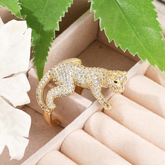 2pcs Brass Micro Pave Clear Cubic Zirconia Cuff Rings for Women Men Leopard golden 32mm Adjustable