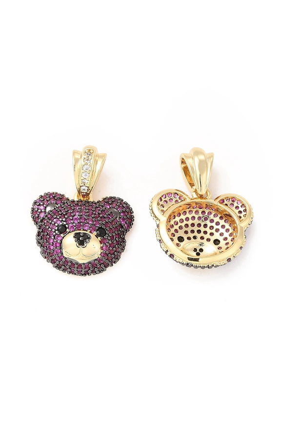 2pcs Brass Micro Pave Cubic Zirconia Bear Head Charm Golden Medium Violet Red 16x18.5x6~6.5mm Hole: 6x3.5mm