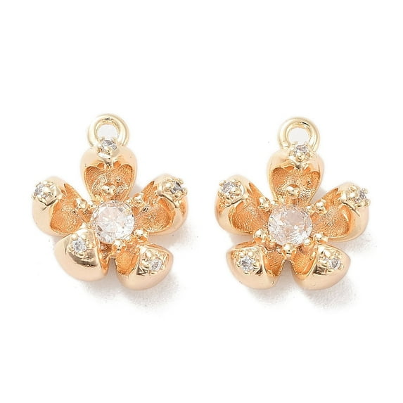 2pcs Brass Micro Pave Cubic Zirconia Charms 5-Petals Flower Charms Real 18K golden Plated 12.5x11.5x5mm Hole: 1.2mm