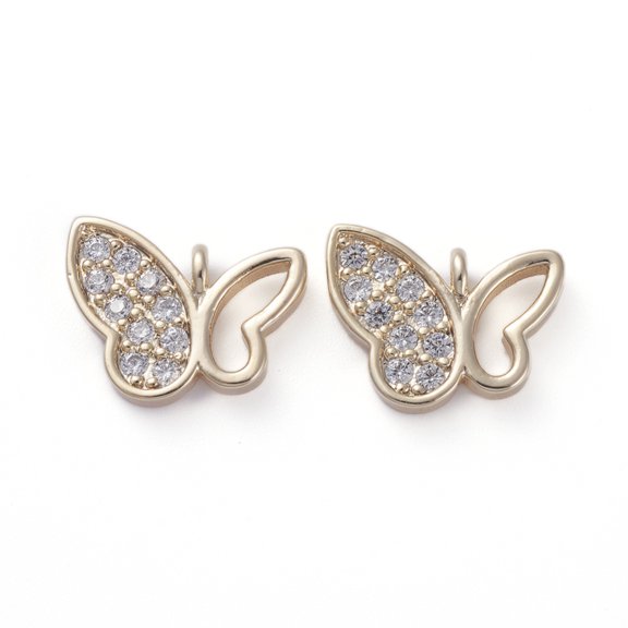 2pcs Brass Micro Pave Cubic Zirconia Pendants golden Butterfly Clear 10x11.5x2mm Hole: 1.2mm