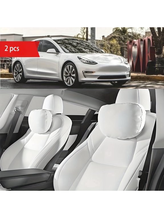 Car Headrest Pillow 2 Pack White, Adjustable Strap Breathable Neck Pillow Ergonomic Car Seat Pillow for Driving Comfort, for Tesla Model 3 Y X S, Universal Cars
