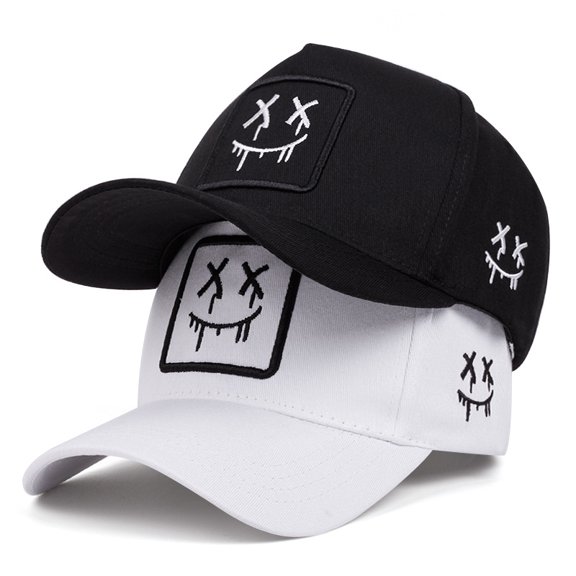 2pcs Breathable Sun-Protective Adjustable Baseball Cap - Joyful Face Embroidered Outdoor Hat for Men & Women
