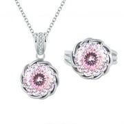 2pcs Bridal Wedding Jewelry Sets for Bride Bridesmaids Mother 12MM Round Cut Women Jewelry for Prom Party Pink CZ Pendant Necklace and Rings Size 5-9