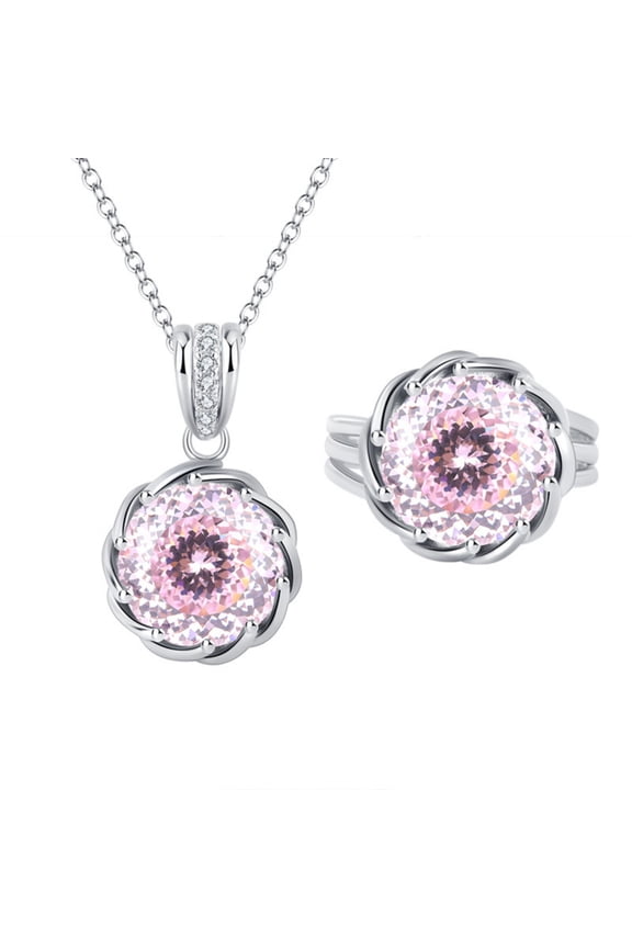 2pcs Bridal Wedding Jewelry Sets for Bride Bridesmaids Mother 12MM Round Cut Women Jewelry for Prom Party Pink CZ Pendant Necklace and Rings (Size 5-9)