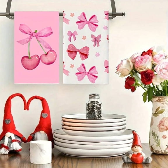 2pcs Bright 19 Pink Cherry & Bow Kitchen Towels - Decorative Dish Towels For Valentines Day, Spring Home Decor