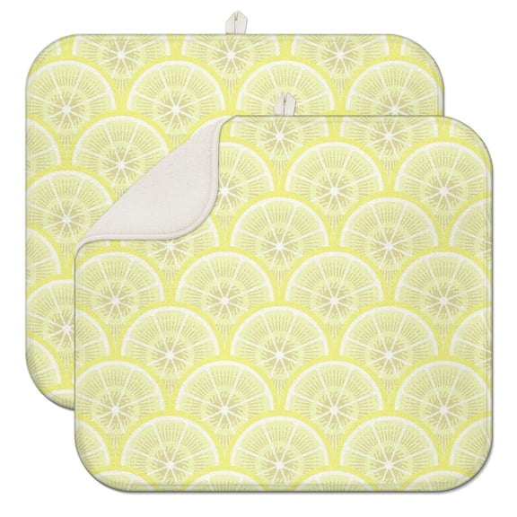 2pcs Bright Yellow Lemon Print Dish Drying Mat Quick Dry Absorbent Microfiber Countertop Pad Foldable for Summer Fruit Theme