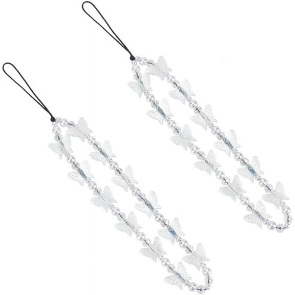 2pcs Butterfly Mobile Phone Straps 8.2 Inch Acrylic Butterfly Handmade Beaded Phone Lanyard Strap Transparent Butterfly Pendant String Phone Chain for Car Key Purse Camera Bag Decorative Clear