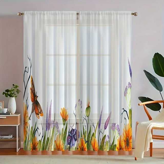 2pcs Butterfly Sunflower Pattern Sheer Curtain rative Window Drape