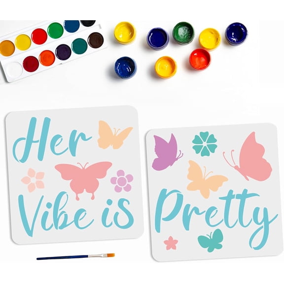 2pcs Butterfly Text Stencil 32.5×16inch Large Butterfly Word Templates Combination Pattern with Paint Brush Butterfly Flower Quotes Drawing Decor Stencil Wall Furniture Craft for DIY