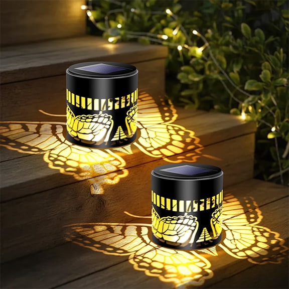 2pcs Butterfly Theme Mandala Solar Fence Lights | Metal Lanterns, Solar Powered Outdoor Deck Step Wall Lights, Waterproof, Solar Landscape Light Projection for Garden