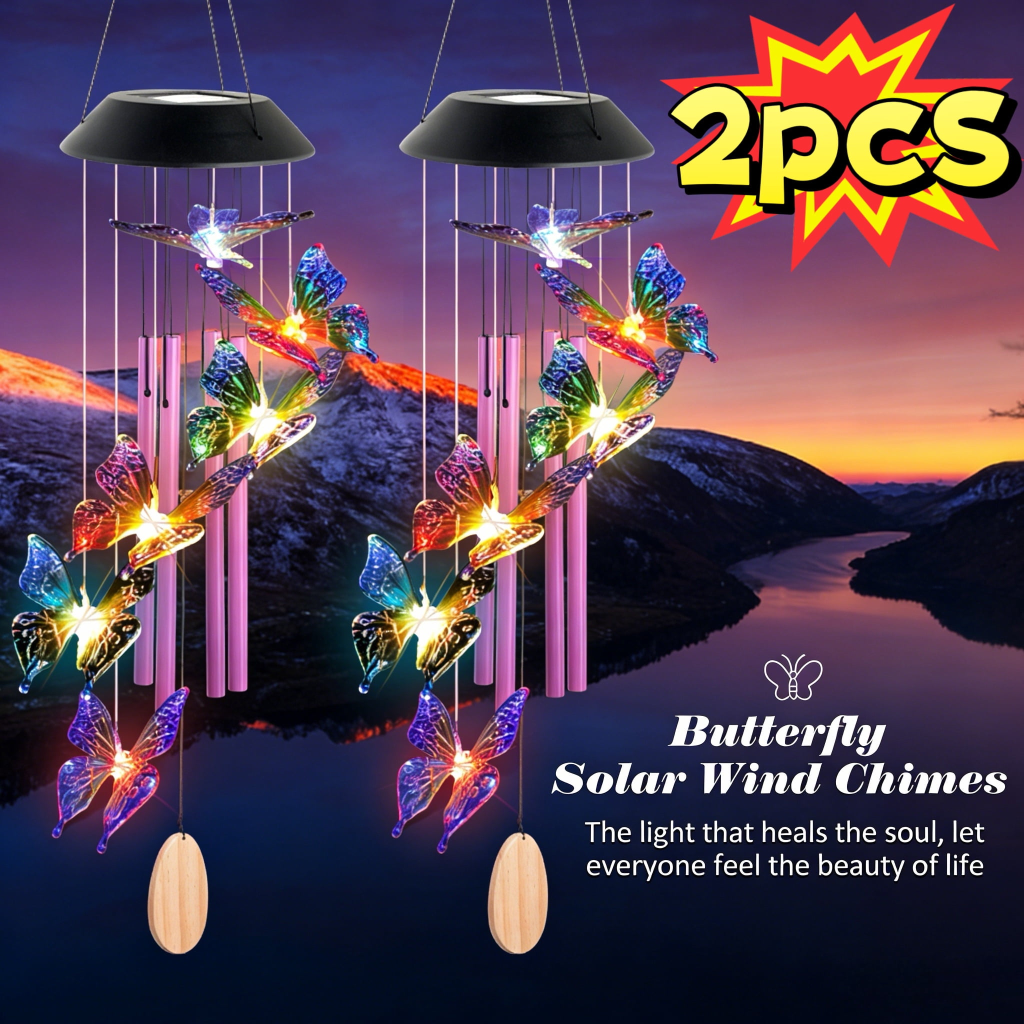 2pcs Butterfly Wind Chimes, Solar Lights Outdoor, Garden Decor, Mothers Day Gifts, Mom Gifts, Grandma Gifts, Outdoor Hanging Decor, Waterproof Solar Lights