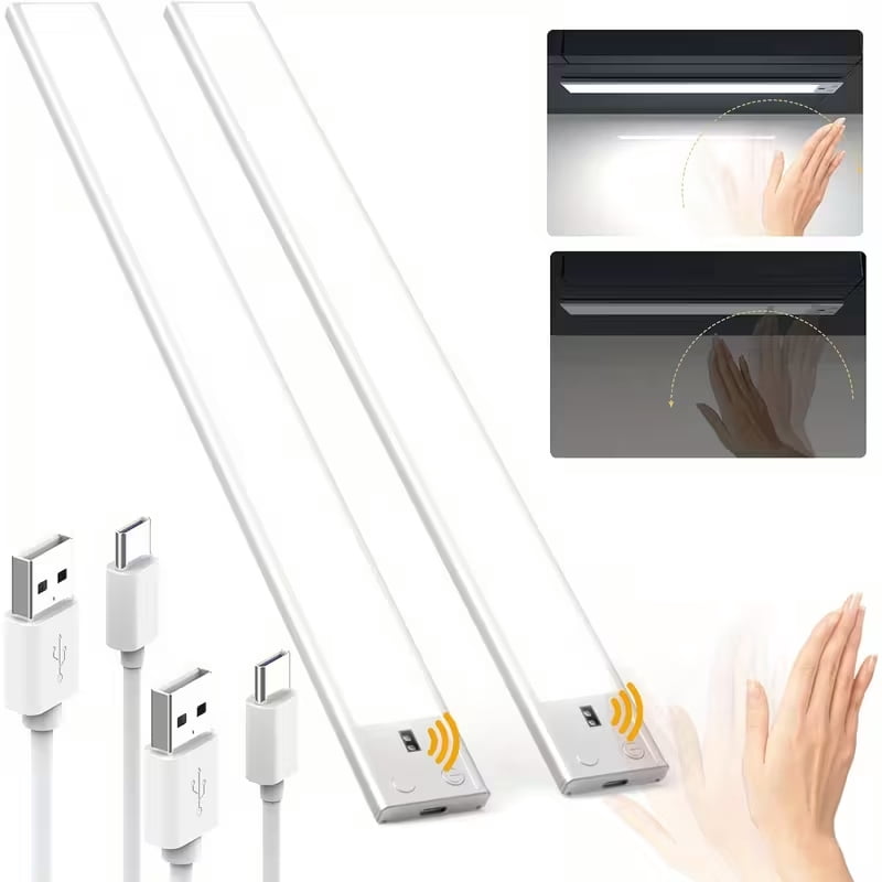 2pcs Under Cabinet Lighting, 16inch Motion Sensor 74 LED USB Rechargeable Wardrobe Lighting, 2200 mAh 3 Color Adjustable Magnetic Kitchen Light, for Counter, Wardrobe, Birthday Gift