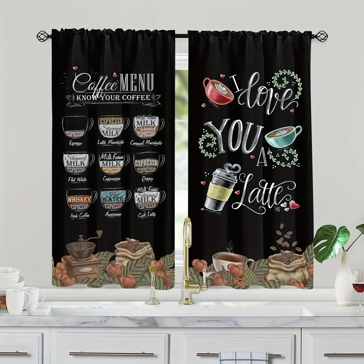 2pcs Cafe Curtain Coffee Pattern Home Kitchen Curtains Semi Blackout ...