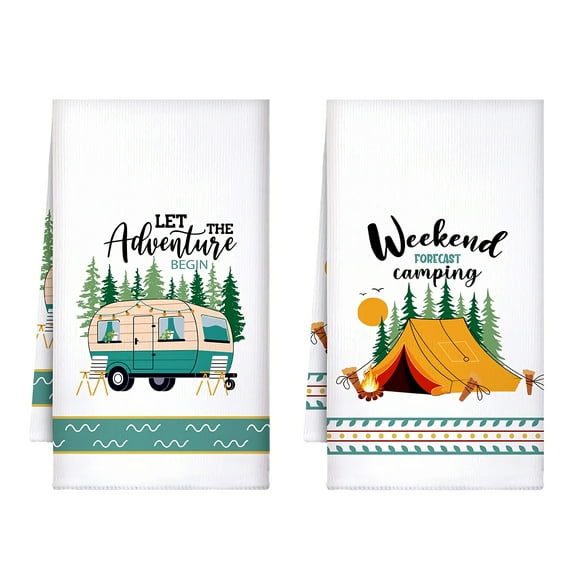 2pcs Camping Kitchen Towels, Funny Dish Towels Happy Camper Hand Towels, 24 X 16 Inch Kitchen Decor Tea Towels Absorbent Camping Decoration With Hanging Loops For Campers Gifts Camping RV Accessories