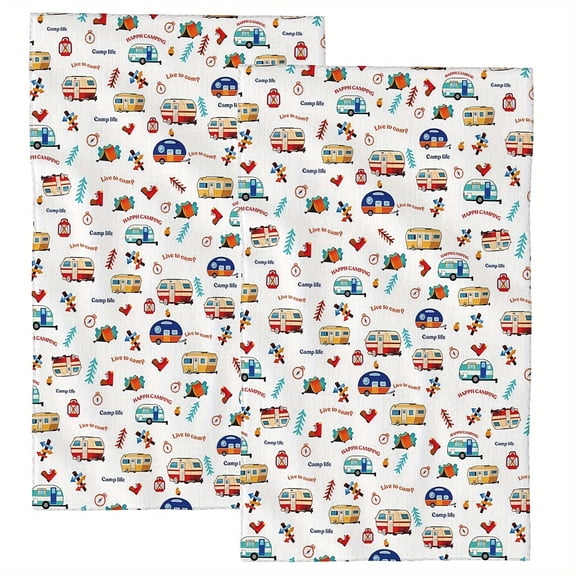 Camping Kitchen Towel Set of 2, 24 x 16 inches, Absorbent, Happy Camper Design with Hanging Loop