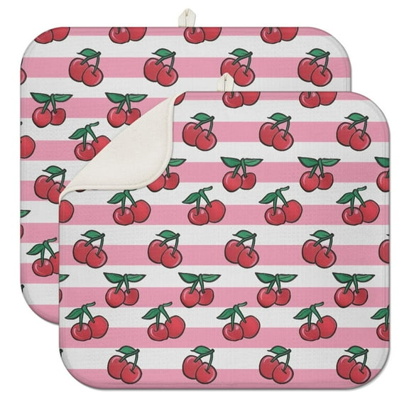 2pcs Candy-Inspired Cherry Drying Pad - Cute & Sweet Red & Pink Print, 3-Layer Thick Absorbent Mat for Dishes, Heat Resistant & Washable, Perfect for Cherry Art Lovers