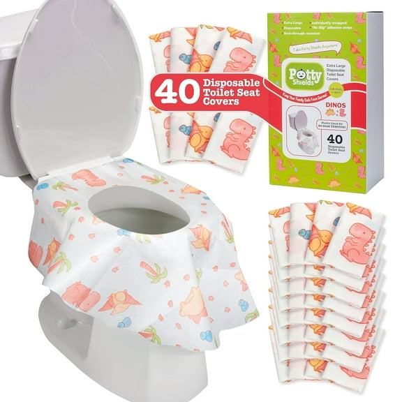 Toilet Seat Covers Disposable (40 pk, Dinosaurs) - XL Weatherproof Toilet Cover for Toddlers, Kids & Adults - Portable & Individually Wrapped for Travel, Potty Training, Public Restrooms