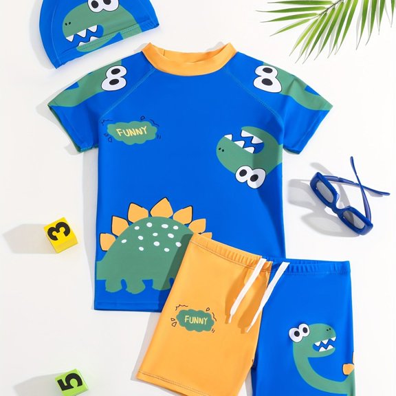 2pcs Cartoon Dinosaur Pattern Swimsuit For Boys